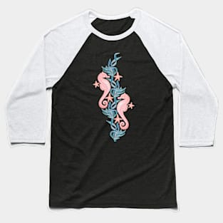 Pastel Pink Seahorse and Starfish with Blue Seaweed Baseball T-Shirt